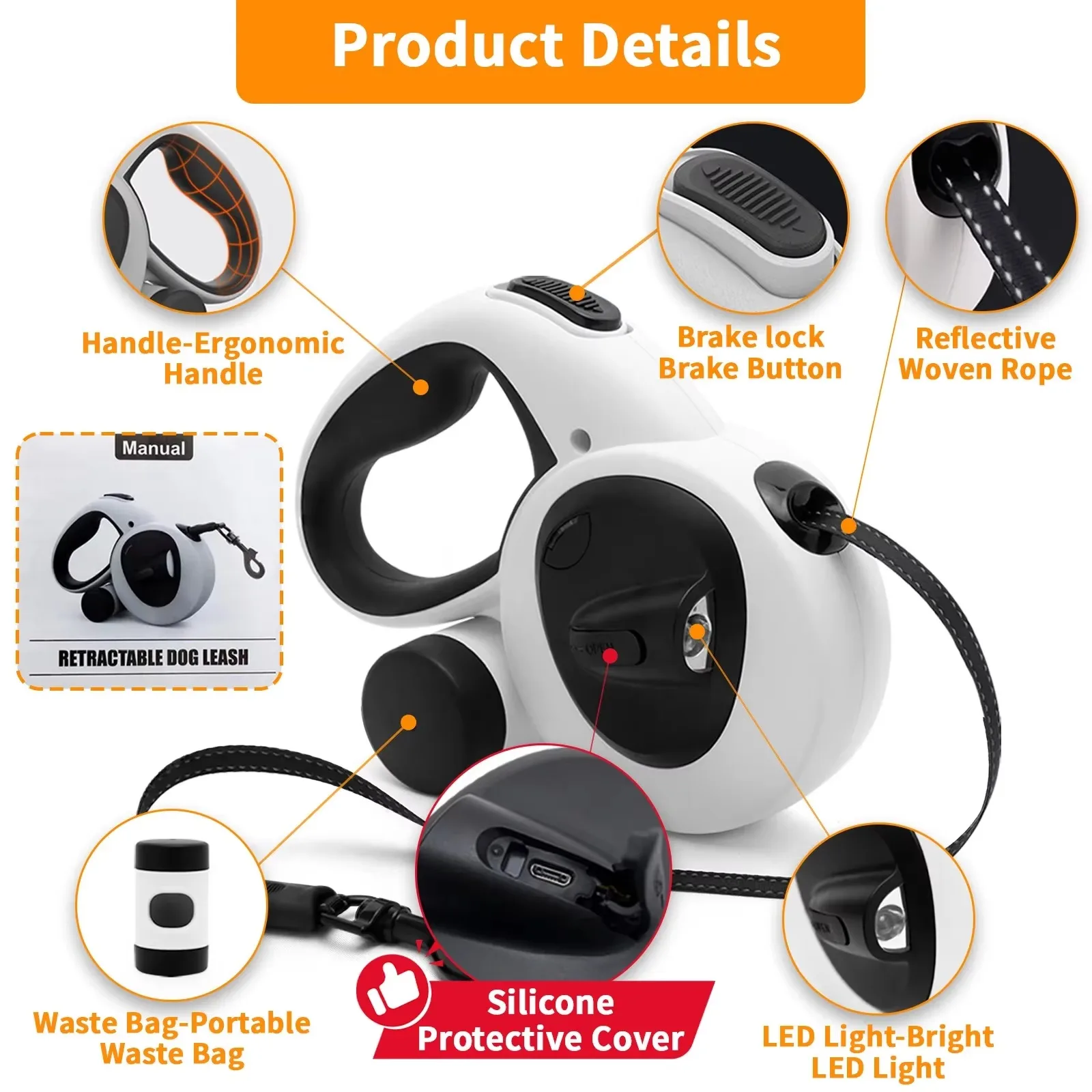 FurStar16ft Retractable Dog Leash With USB Rechargeable LED Light Heavy Duty Lead Poop Bag Holder Steel Cable Pulling Prevention