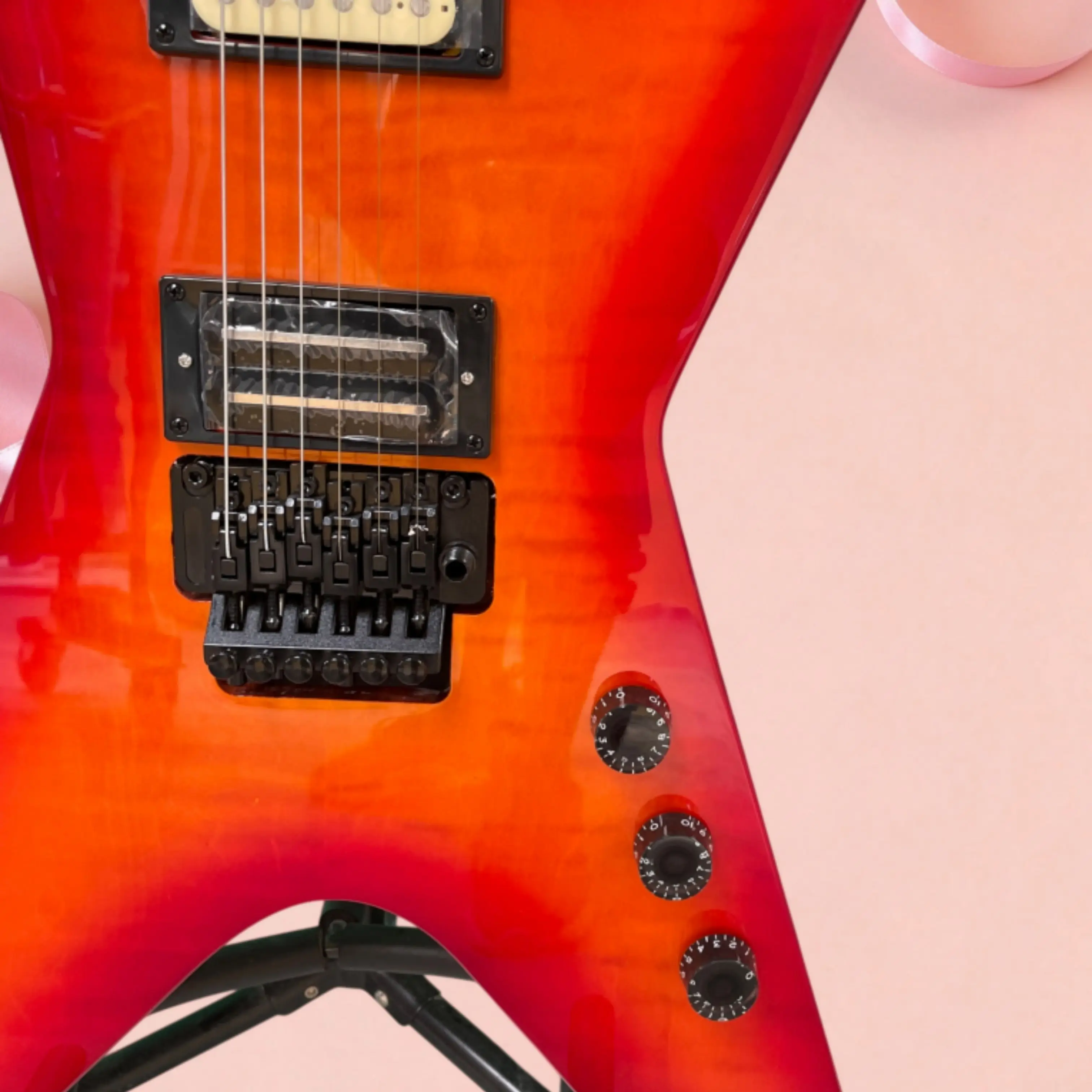 Red Orange Gradient 6 String Electric Guitar, Angular Body, Hh Pickups Guitars, Ideal for Rock Players Guitarra
