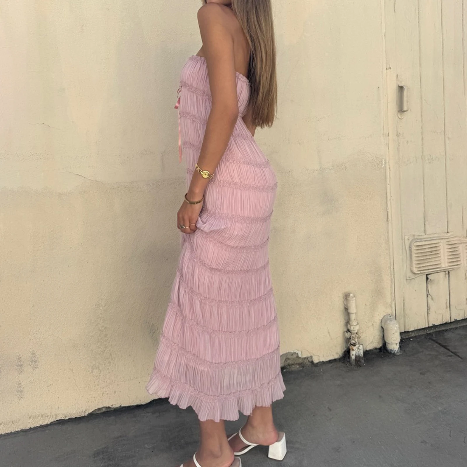 New Fashion Women Shirred Tube Top Dress Solid Floral Off Shoulder Sleeveless Backless Long Dress For Daily Party S-XL