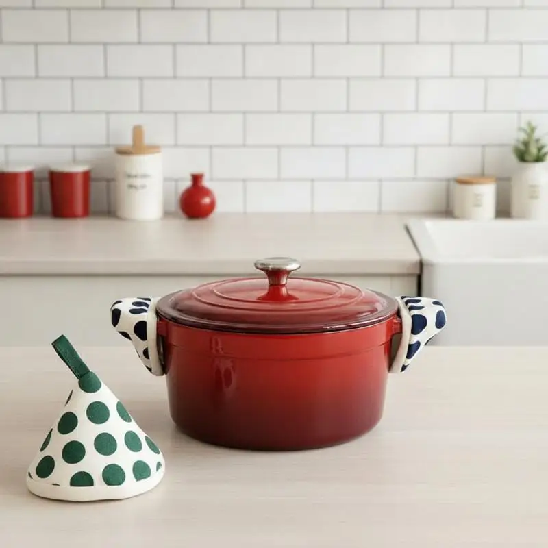 Cotton Linen Polka Dot Triangular Pot Handle Holders Heat Insulation Hanging Loop Perfect For Kitchen Cooking Baking