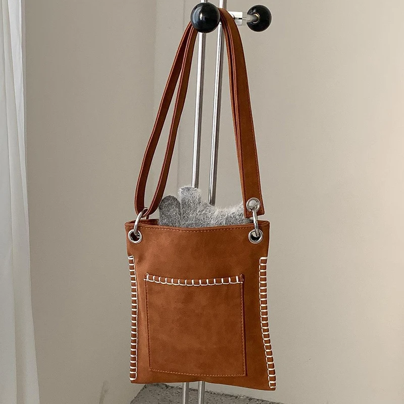 

Korean Faux Suede Messenger Bags For Women Luxury Designer Handbags Purses 2026 New In Hand Stitched Trim Slim Underarm Shoulder