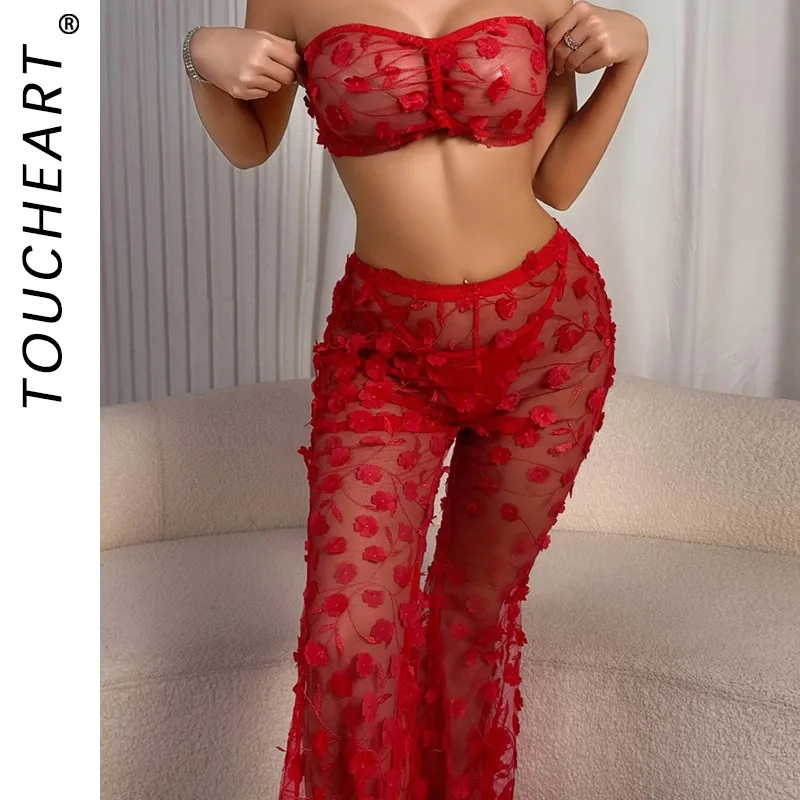 

Toucheart Solid Color See-through Lace Slim Sexy Interesting Underwear Panty Flower Backless Women High Waisted Mesh Sexy Set