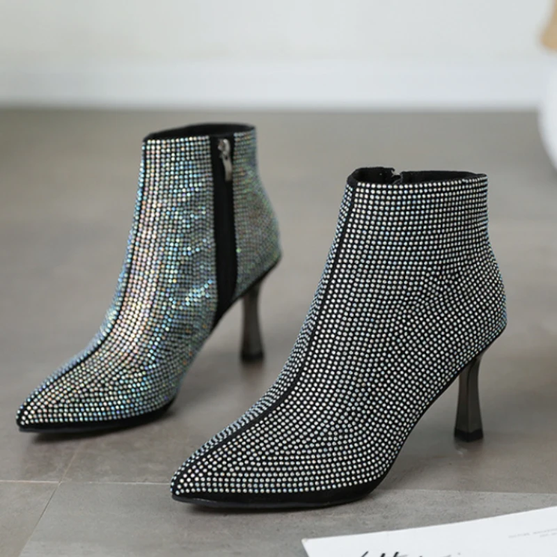Botas de tacón alto con punta estrecha para mujer, botas de moda de tubo ort, diseño de diamante de agua brillante, temporada primavera otoño, forro de PU