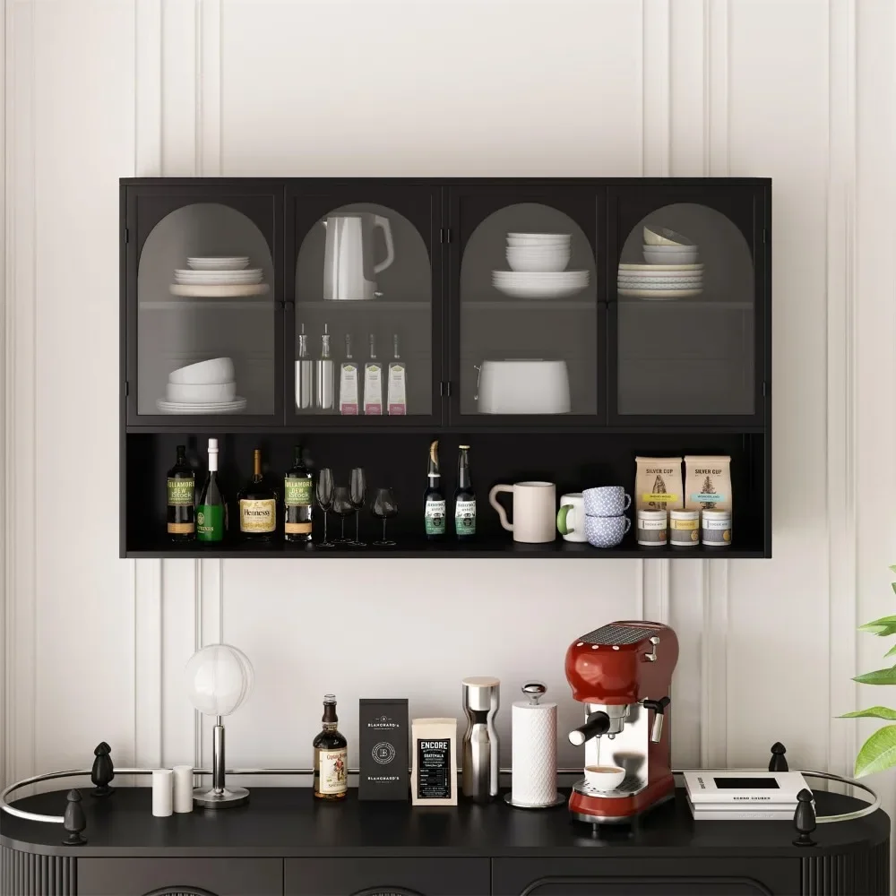 

47.25" Wall Mounted Storage Cabinet with 4 Doors & Open Shelf,Medicine Cabinet with Tempered Glass Door,Hanging Storage