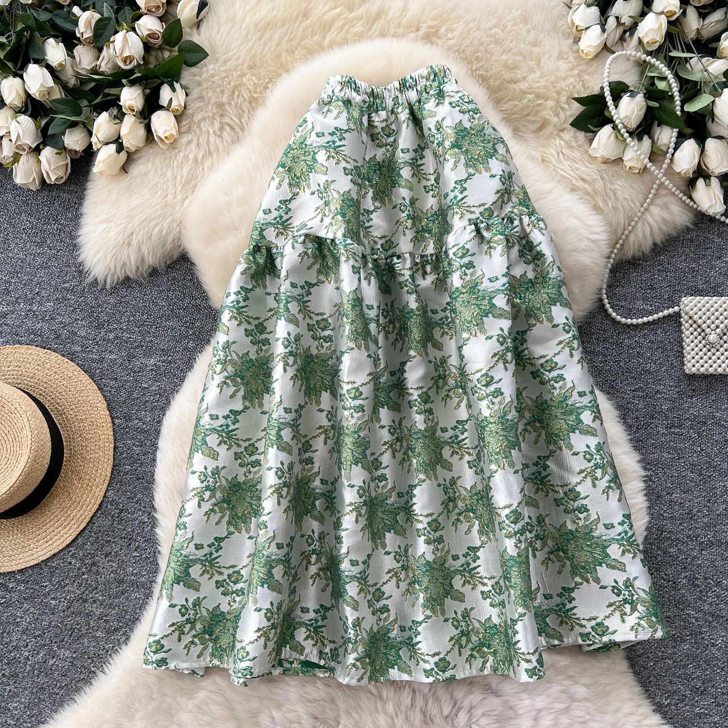 

Женская элегантная шикарная жаккардовая сексуальная юбка с рюшами и эластичной резинкой с высокой талией, корейская модная винтажная юбка трапециевидной формы, тонкая одежда