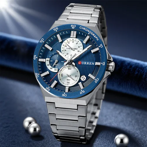 Reloj CURREN deportivo elegante de 43 mm con cronógrafo para hombre con banda de acero inoxidable y manecillas luminosas, reloj de pulsera de cuarzo para hombre