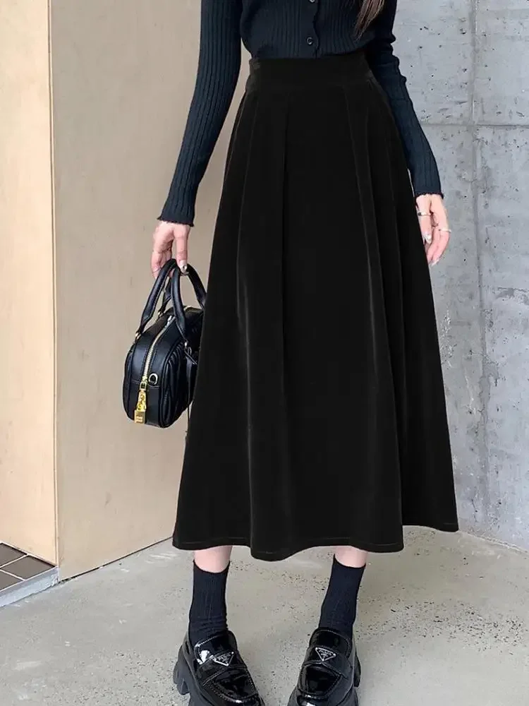 Saia de veludo linha A cintura alta feminina, elegante, vintage, vermelho, preto, festa, plissada, balanço grande, casual, outono, inverno, 2024