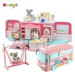 Koala Tour Bus Dollhouse Creative Crafts Miniature Animal Mini Rabbit Bear Play House Dolls Set Villa Furniture Toys Girls Gifts