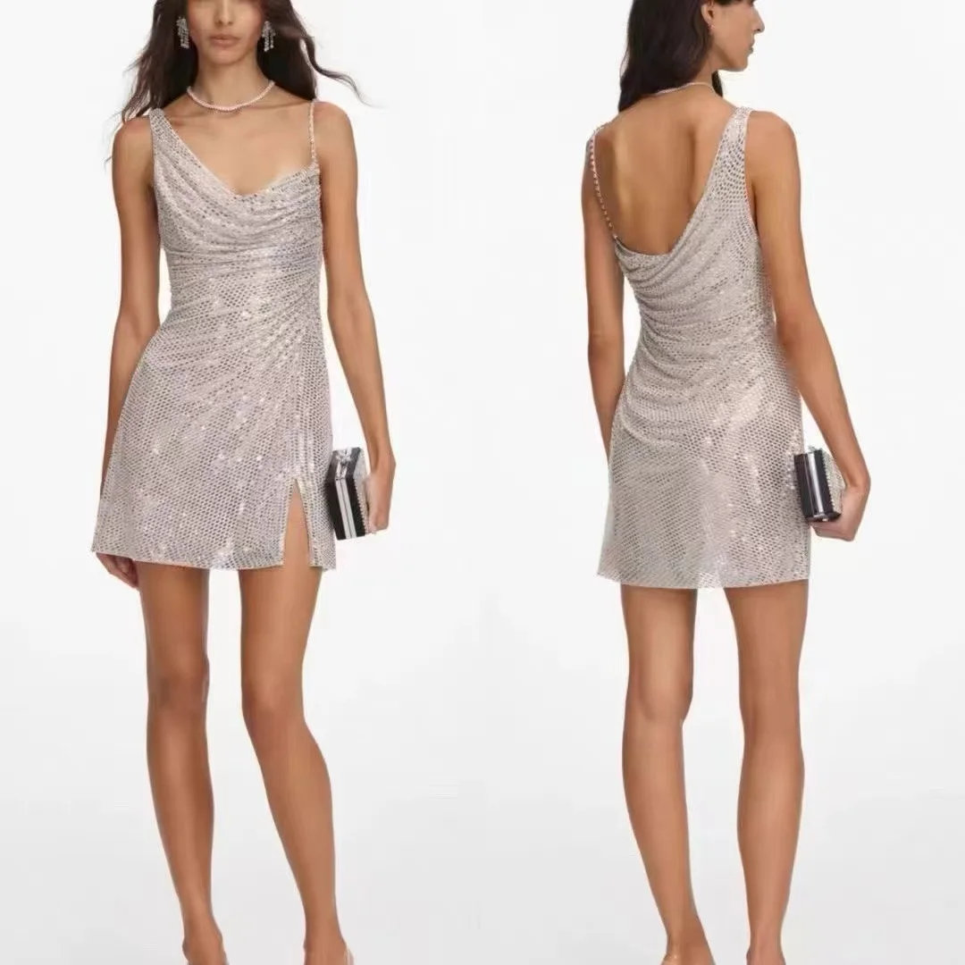 Women Asymmetric suspender rhinestone party dress fashion sexy backless mini dress