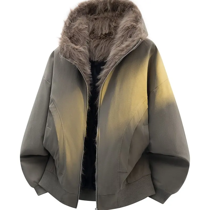 

Ретро-пальто премиум-класса с капюшоном на молнии, утепленное, теплое, зимнее, повседневное, в американском ретро-стиле, с меховым воротником, хлопковая верхняя одежда