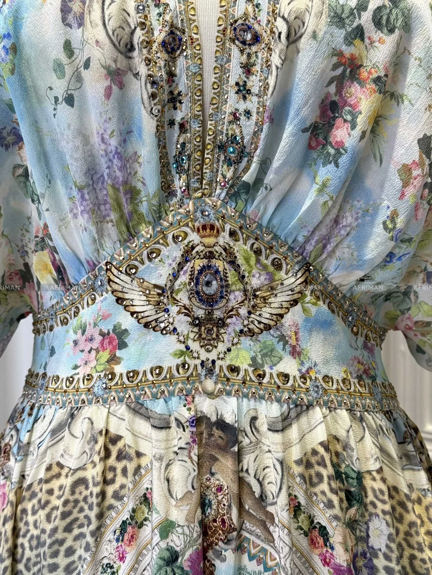 Robe évasée à manches courtes pour femmes, col en V, perles de cristal, imprimé floral et léopard rétro, taille élastique, 100%