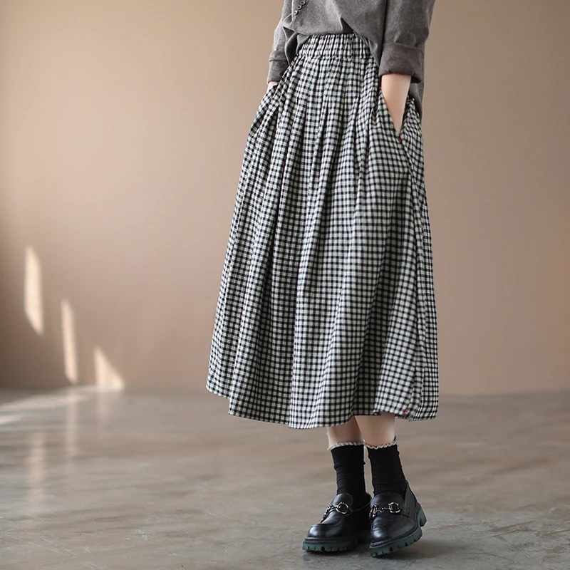 Retro Krata Bawełniano-Lniana Spódnica Midi Wiosenna Plus Size Damska Luźna Spódnica w Kształcie Litery A z Elastyczną Gumką w Pasie Wyszczuplająca Spódnica z Wysokim Stanem Wiosna Faion