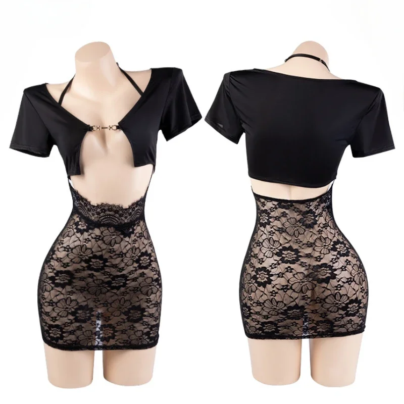 

Sexy Low Cut See Through Lace Skirt Set Skinny Secretary Uniform Cosplay Costume Women Underwear RolePlay Outfit Pajama Lingerie