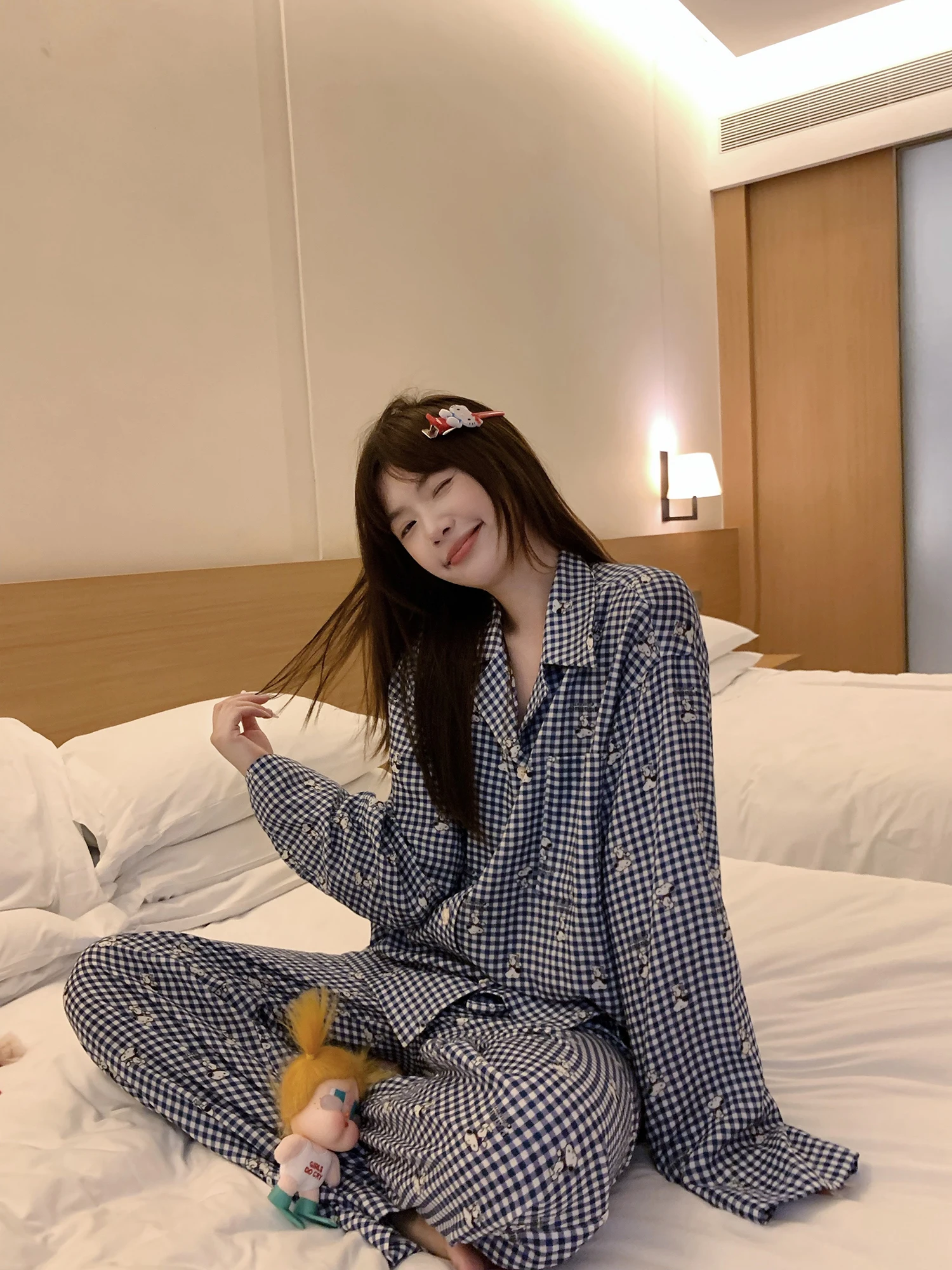 

Snug Fit Pure Cotton Plaid Print Long Sleeve Button up Shirt And Pants Sleepwear Set for Women Casual Spring Fashion