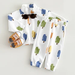 2PCS Baby Clothes spring autumn Ice-cream Printed Top Pants Newborns 0-3Y Children's Sportswea Boys Girls Toddler Suit