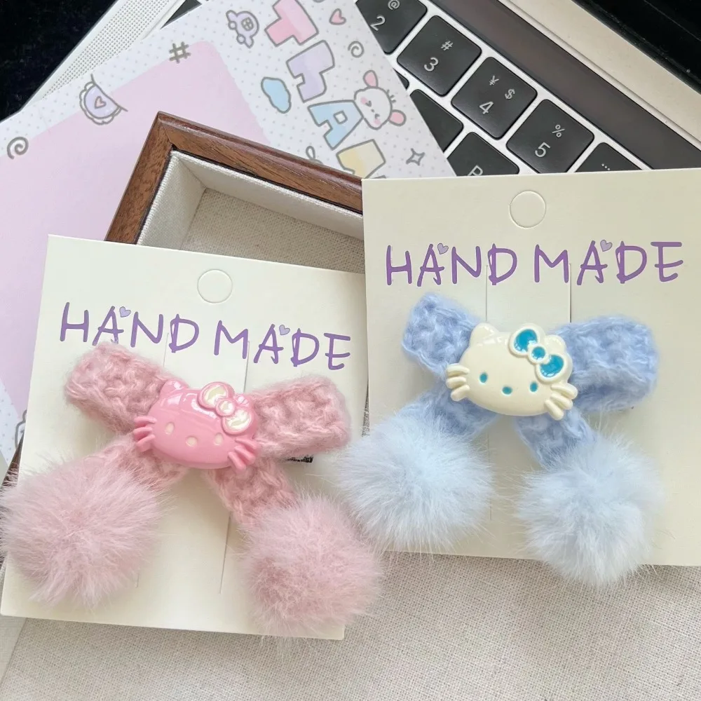 Elegante e dolce fiocco di lana con frangia di gatto, fermaglio per capelli riempito al latte, doppia coda di cavallo per ragazza giapponese carina