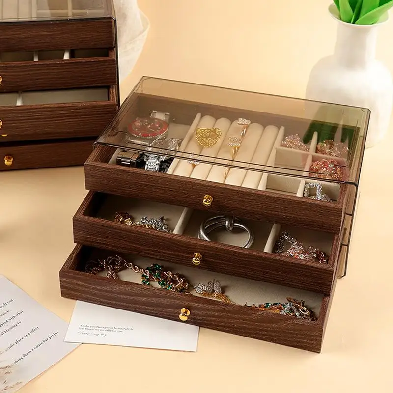 Multi-layer Wooden Jewelry Box Transparent Window Rings Necklace Jewelry Storage Case Organizer Bracelet Earrings