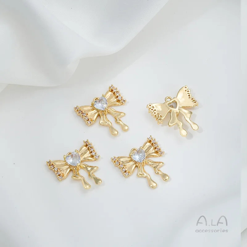 

14K Gold-wrapped Color-preserving Peach Heart Zircon Pleated Bow Pendant Handmade DIY Pearl Jewelry Pendant Handmade Pendant