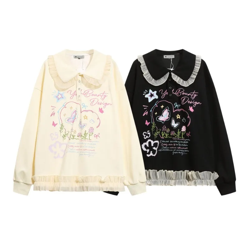 Korean Sweet Cute Lace Doll Collar Pullover Sweatshirt Women Fall Winter Loose Casual Long Sleeve Kawaii Aesthetic Print Clothes