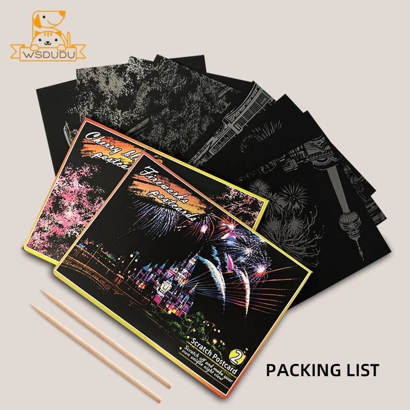 8PCS Scratch Cards Cherry Blossoms Fireworks Magic Painting Paper Art Night Scene Postcard Play Game Drawing Toy Kid Crafts Gift