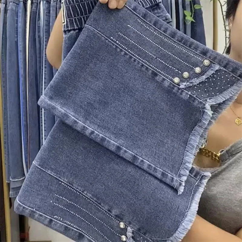 2025 NEW Fashion Sweet lace Pearl lace High Waist Jeans Women's Korean Spring Summer LooseCasual Wild Denim Pants Ladies