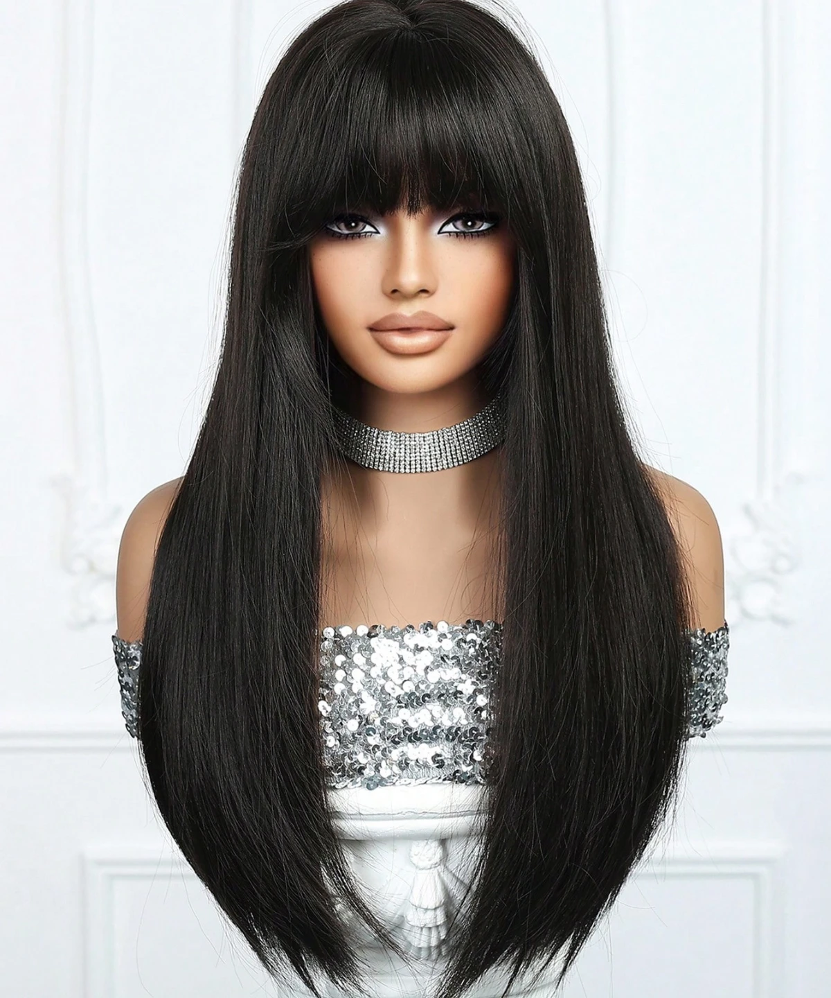 24inch Black Wigs for Women Machine Synthetic Long Straight Hair Wig with Wavy Synthetic Wigs Heat Resistant for Daily Use