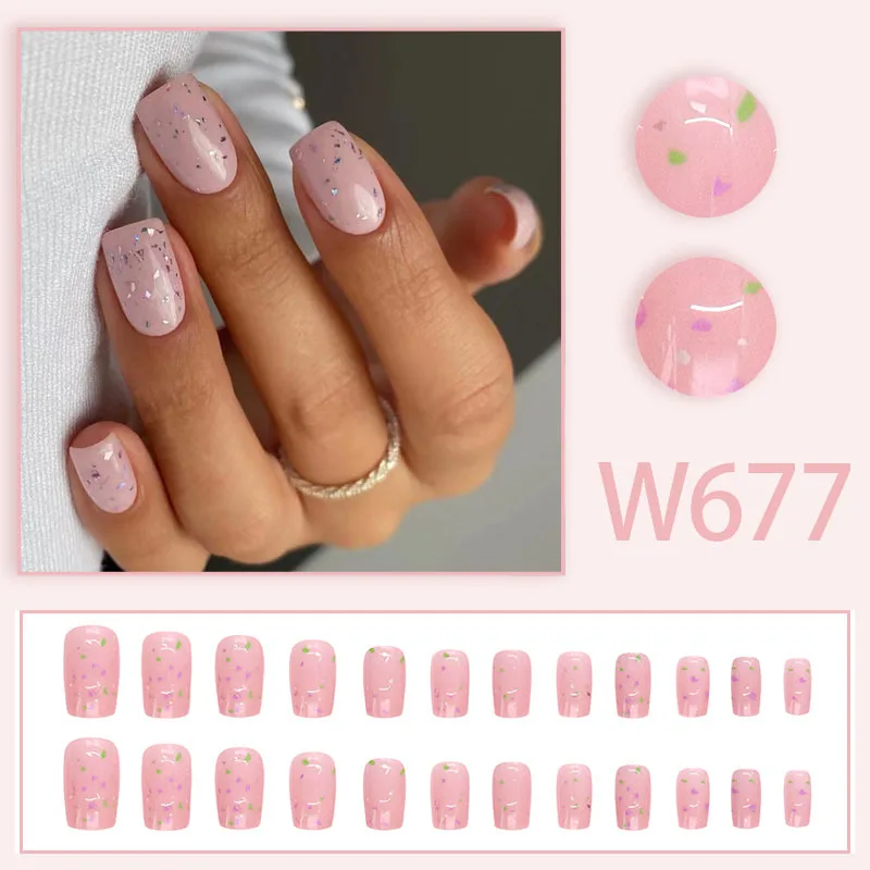 Naakt roze nepnagels kort vierkant druk op nagels zoete vrouwen meisjes bedels manicure draagbaar volledige dekking kunstnagels tips 24 stuks