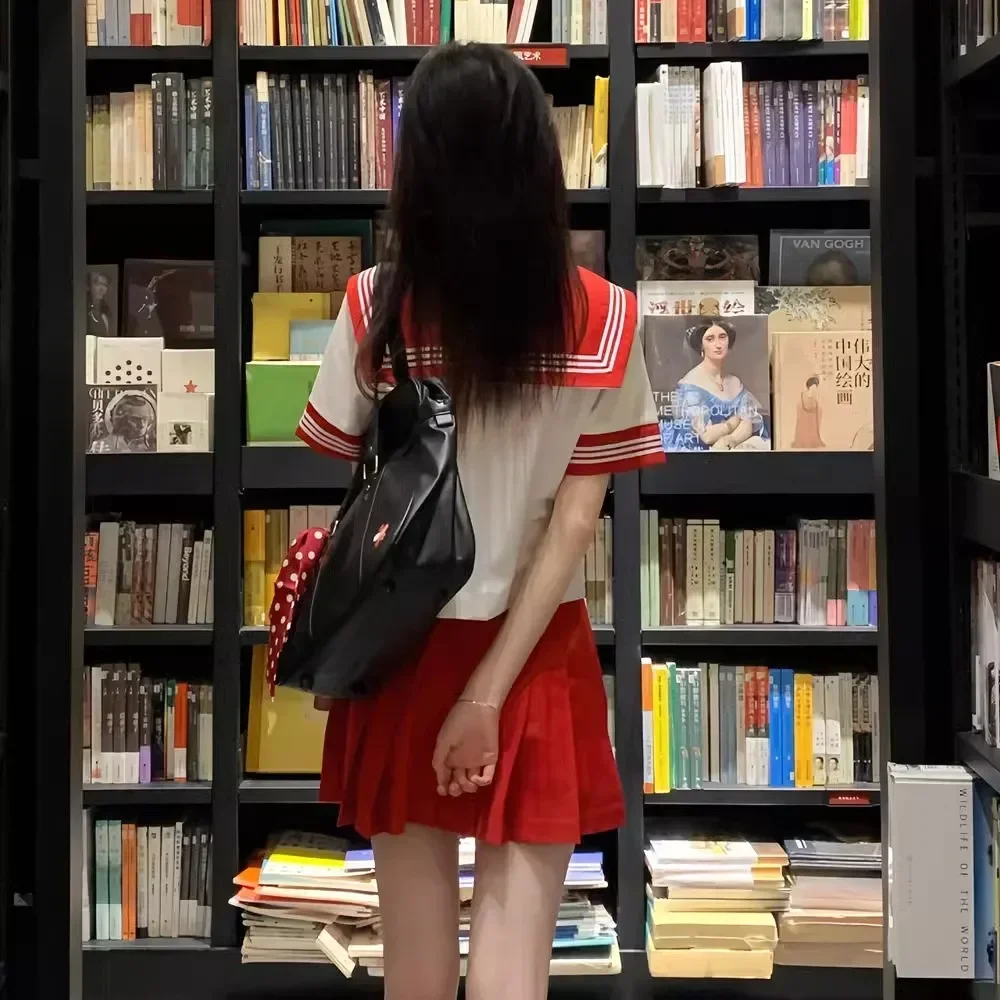Nuovo vestito da marinaio rosso Donna Vestito da marinaio Uniforme giapponese Uniformi coreane Jk Gonna a pieghe Abiti scolastici Seifuku Cosplay Studente