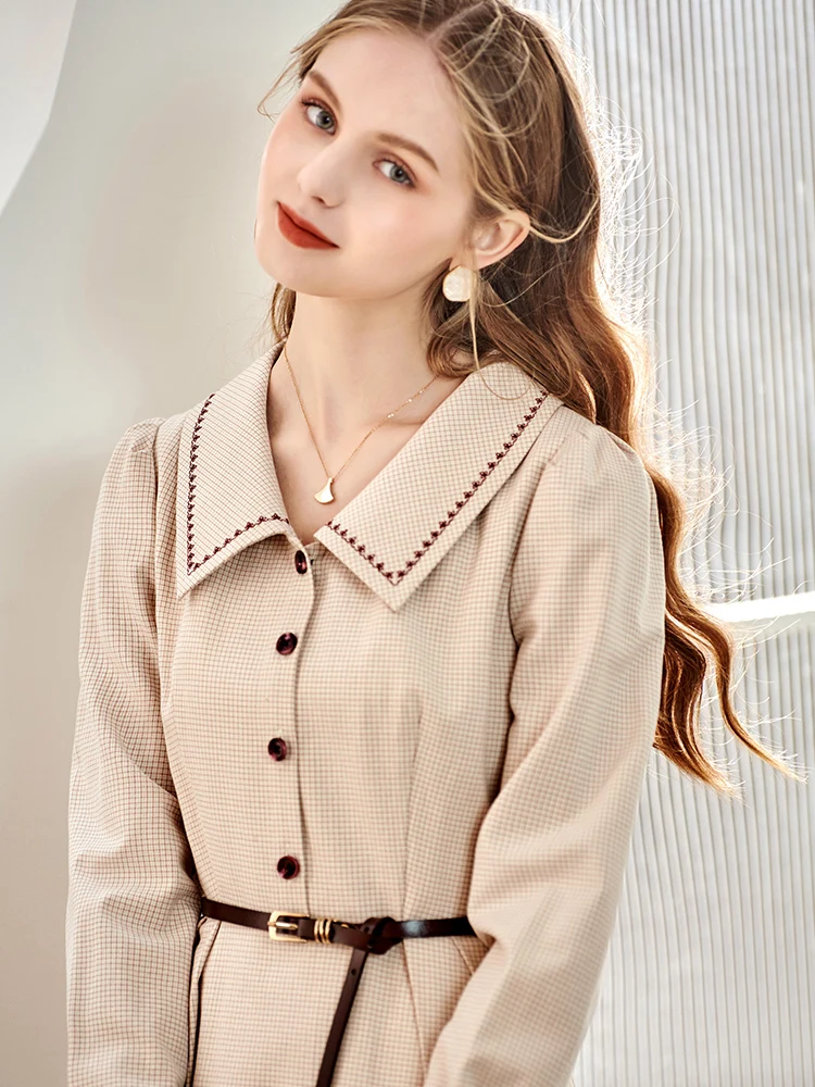 OLrain French Elegant Dress Women 2025 Autumn Embroidery Lapel Belt Long Sleeve Plaid Dresses Simple Female Clothing O21CL36685