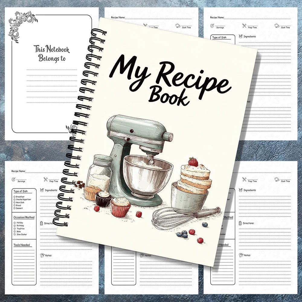 Cuaderno de recetas con encuadernación en espiral, diario estético, encuadernación resistente, soporte para recetas, para entusiastas de la repostería, libro de recetas, 1 ud.