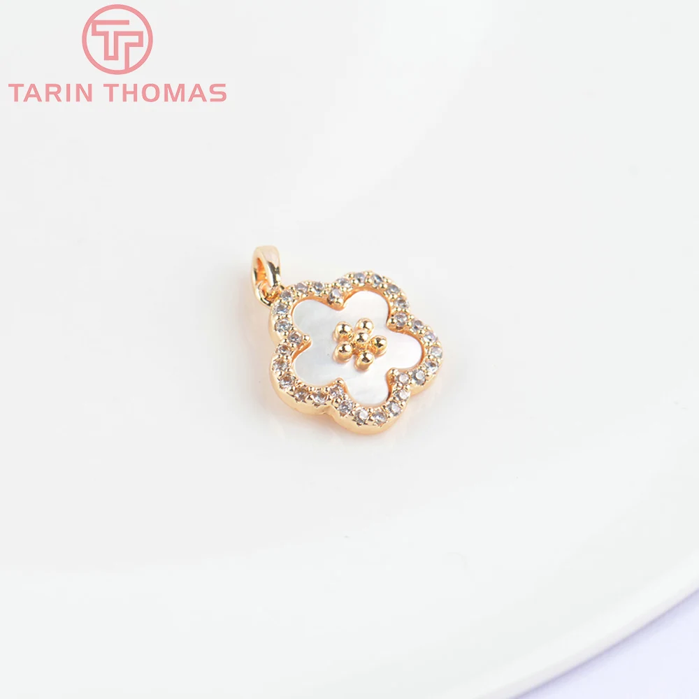 (5467) 2PCS 11.5MM 24K Gold Color Brass with Zircon Flower Charms Pendants High Quality DIY Jewelry Making Findings Wholesale