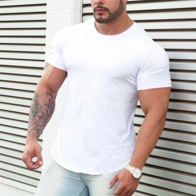 Cotton Sports Gym T Shirt Men Short Sleeve Running T-Shirt Compression stretch Tops Workout Fitness Training Shirt