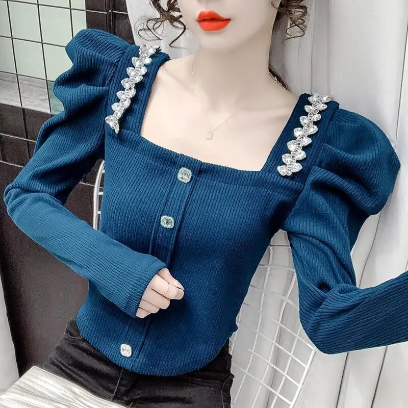 

Spring Autumn New Fashion Elegant Casual Blouses Fit Solid Color Female Clothes Harajuku Y2K Tops Women Shirts Beading Pullovers
