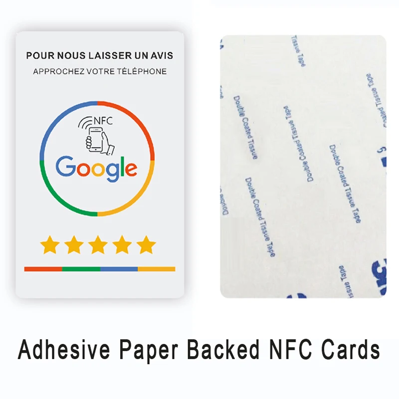 Hochwertige NFC-Karte für Google-Bewertungen in deutscher, niederländischer, französischer, spanischer, englischer und polnischer Sprache.