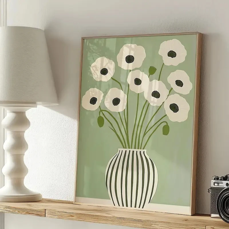 

Retro Minimalist Floral Design White Daisy Striped Vase Printing Wall Art Canvas Painting Modern Ideal Home Decoration Gifttion