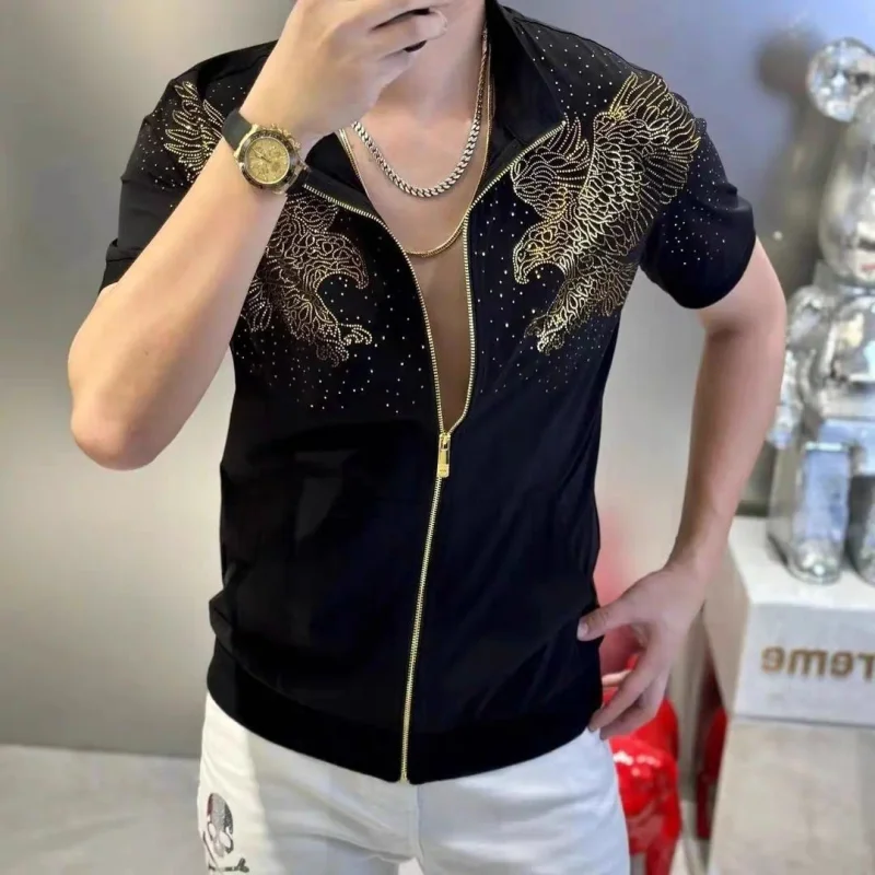 2024 Summer New Men\'s Cardigan Turn-down Collar Zipper Diamonds Fashion Trendy Slim All-match Short Sleeve Casual T-shirt Tops