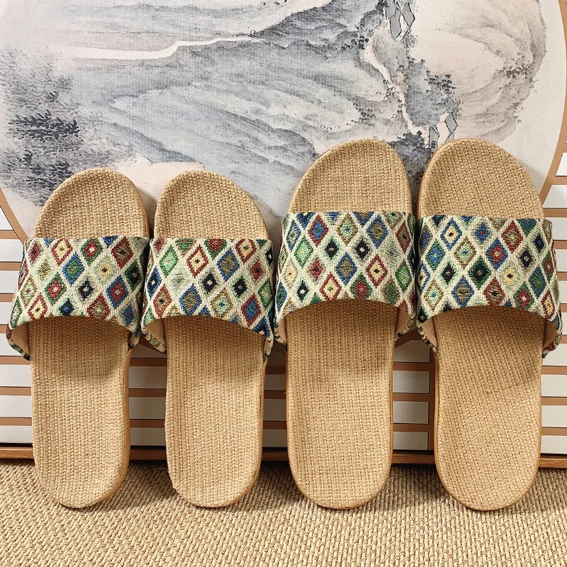 

Floral Pattern New Seasonal Linen Slippers for Women Summer Home Use Couple's Indoor Soft Sole Non-Slip Casual Sandals for Men