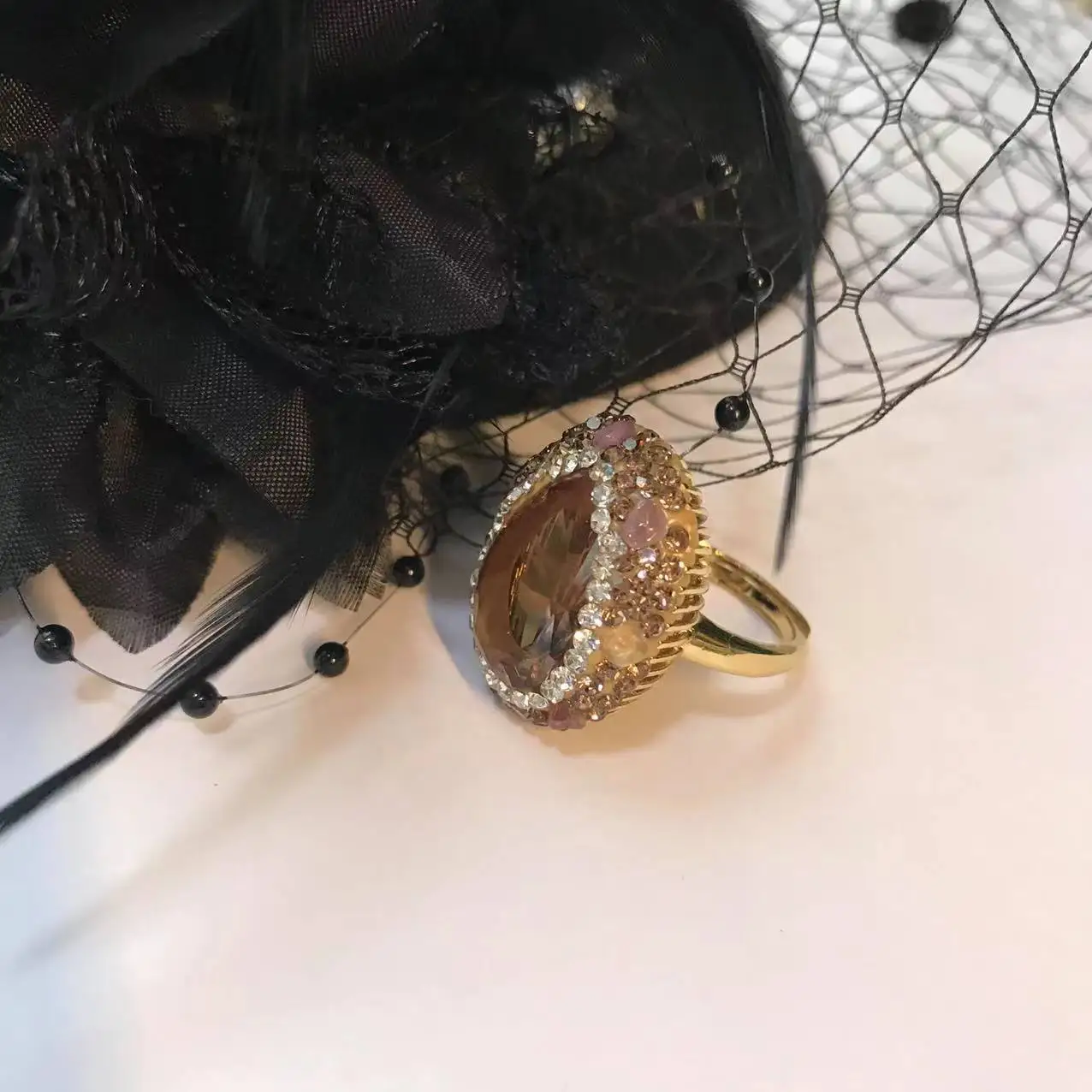 Cross-border special supply of color-changing sultan stone tourmaline coffee color aristocratic popular fashion personalized rin
