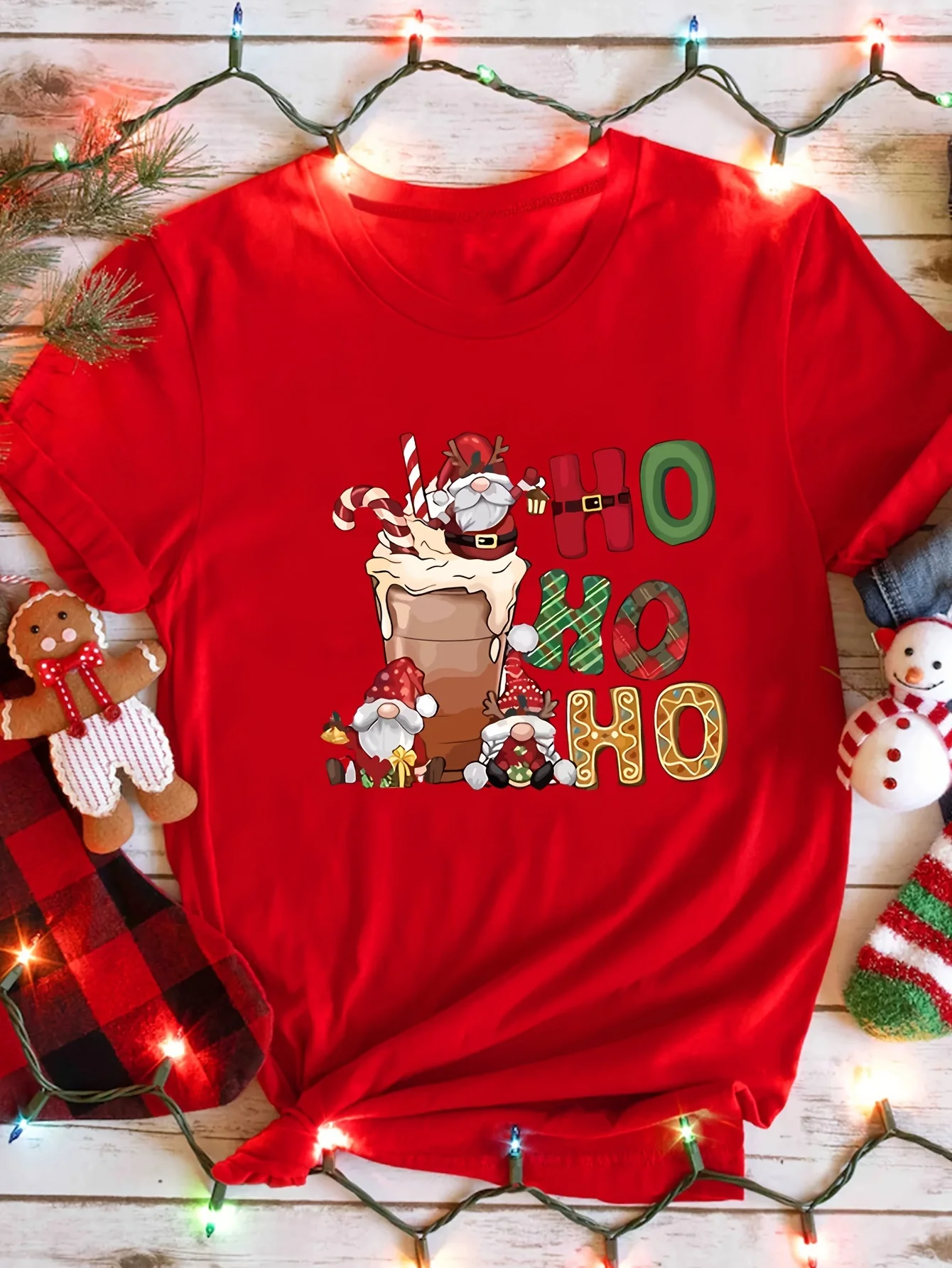 Women'S Festive Christmas Tee Ho Ho Ho Santa Print Polyester Knit Fabric Short Sleeve Crew Neck Casual Top Aesthetic Clothe
