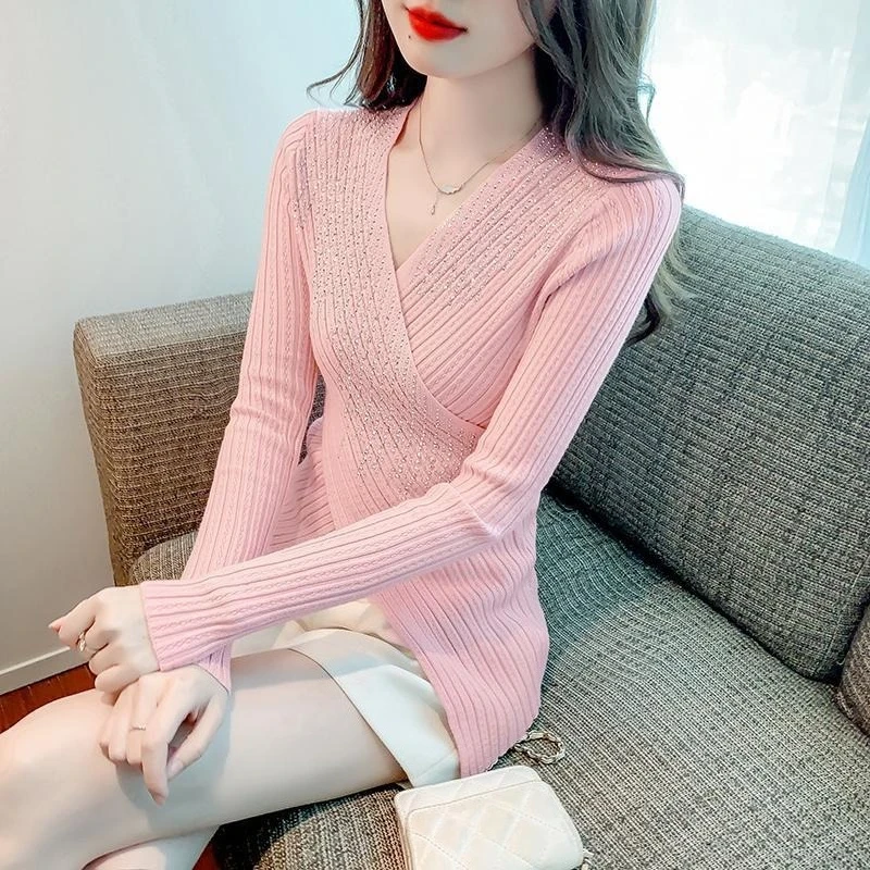 Облегающие женские пуловеры со стразами в стиле Харадзюку, одежда для работы, дешевый топ, оригинальный корейский модный осенний женский вязаный свитер