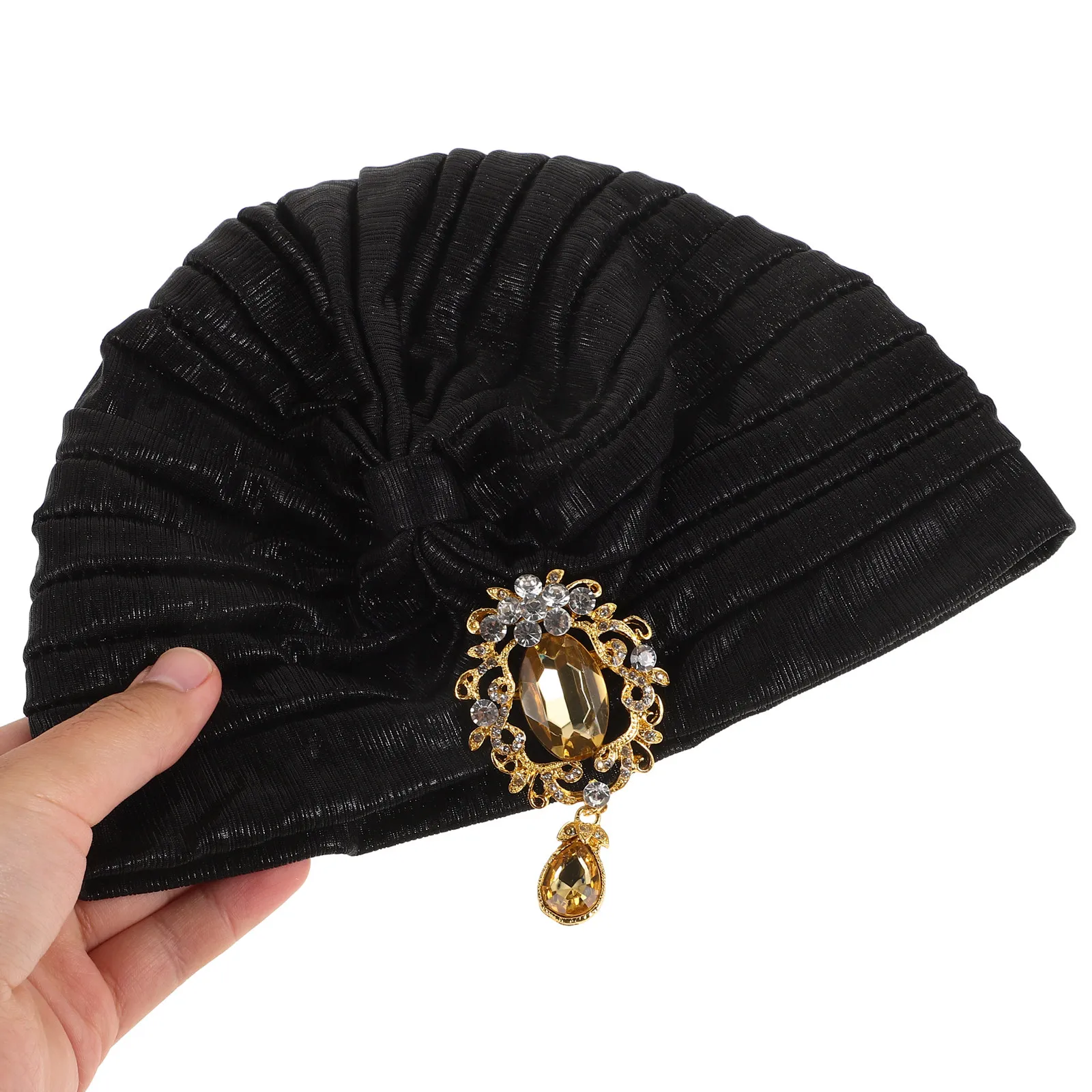 Alloy Rhinestone Black Turban Hat for Women Pleated Elegant Beanie Comfortable Hair Wrap Prom Evening Party Headpiece