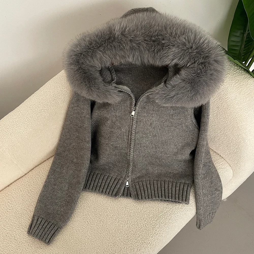 Płaszcz kardigan z naturalnego futra dla kobiet 2024 Moda Jesień Zima Casual Hooded Real Fox Fur Collar Fashion Krótka kurtka z dzianiny