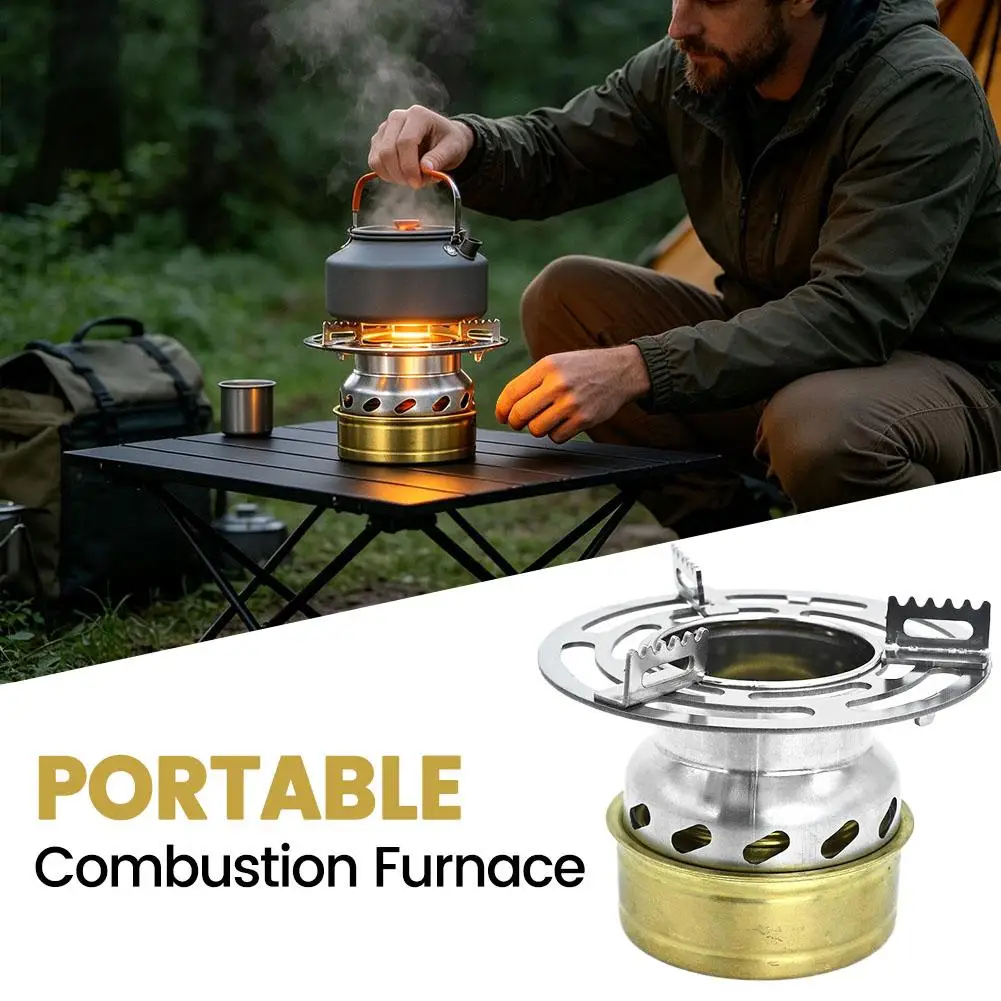 Tragbares Outdoor-Alkohol-Campingkocher-Set 274g, Metall-Alkoholofen mit windbeständigem Ständer & gezahnter Topfhalterung, kompakt