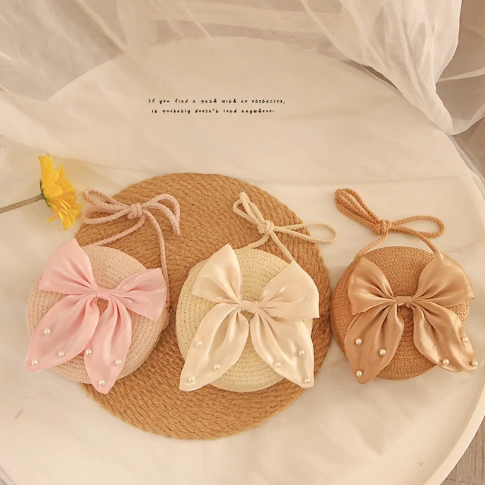 3 Colors Toddler Girl Straw Crossbody Bag Cute Pearl Bowknot Round Shoulder Bag Mini Coin Purse for Kids