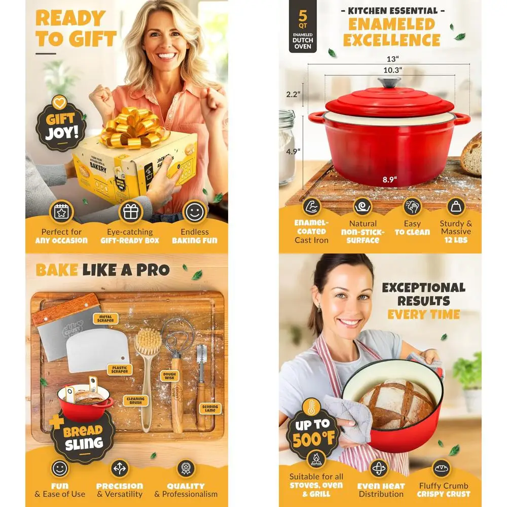 

Enameled Cast Iron Dutch Oven - 5QT Bread Baking Kit with Banneton, Sourdough Starter, and Lid