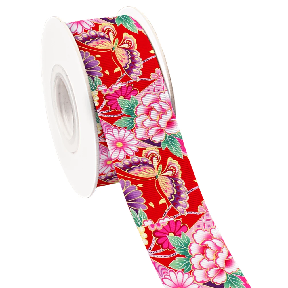 موجة نمط زهر الكرز مروحة اليابانية 5 ياردة مطبوعة Grosgrain الشريط DIY بها بنفسك أغطية الرأس فيونكات شعر شريط من الساتان