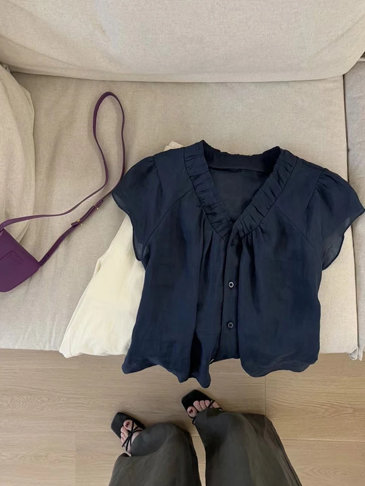 

Ele V-Ne ort Sve Chiffon irt Женский летний тонкий свободный топ небольшого размера Chic ort irt Корейский топ для поездок на работу и ветер