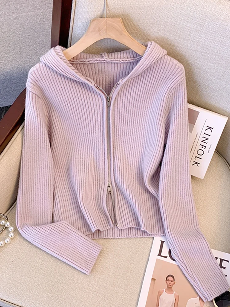 

Женский вязаный кардиган с длинными рукавами и эффектом похудения, весна 2026, новинка, на двойной молнии, с капюшоном, в корейском стиле