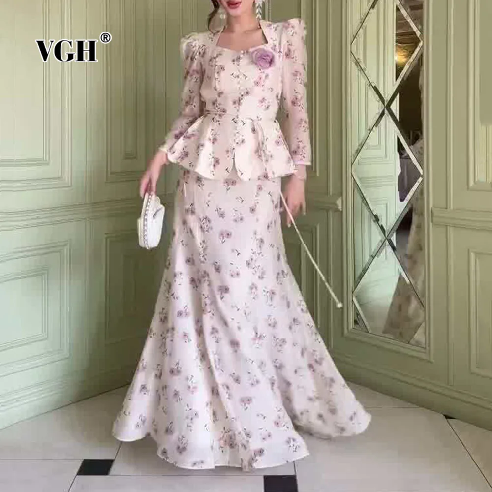 

VGH French Style Elegant Print Slimming Two Piece Sets For Women Square Collar Long Sleeve Top High Waist Skirt Chic Set Female