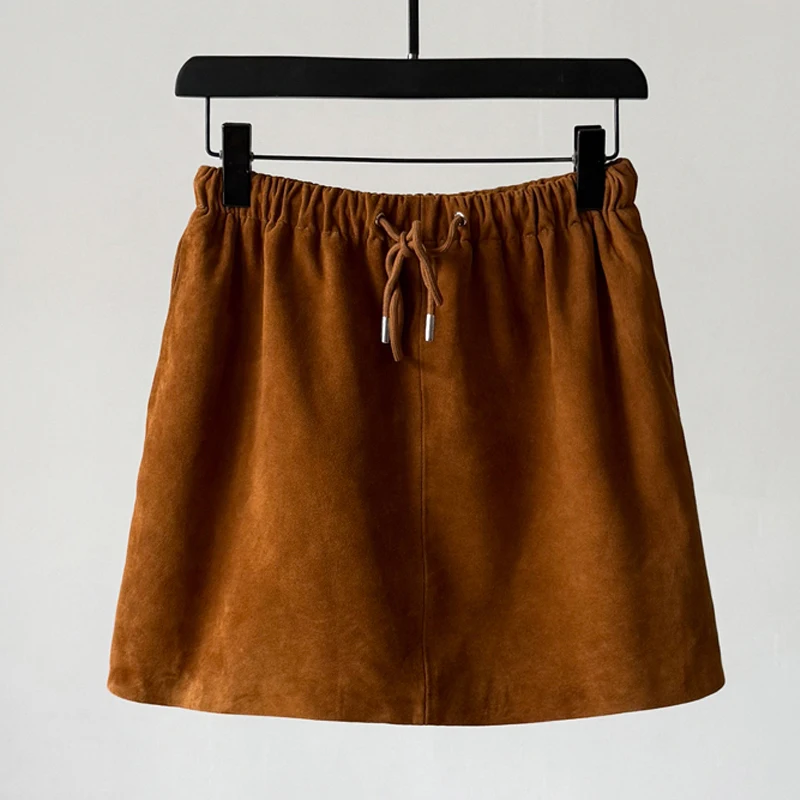 

Женские короткие юбки из овчины, повседневные коричневые/кофейные мини-юбки из натуральной кожи с эластичной резинкой на талии, женские замшевые юбки трапециевидной формы